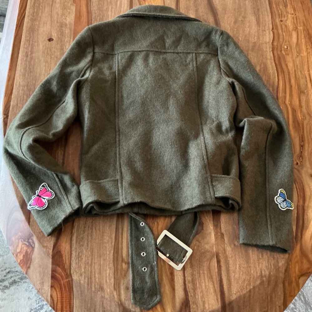 Signature Eight Butterfly Embroidered Moto Jacket Olive Green Wool Biker Small - Picture 13 of 13